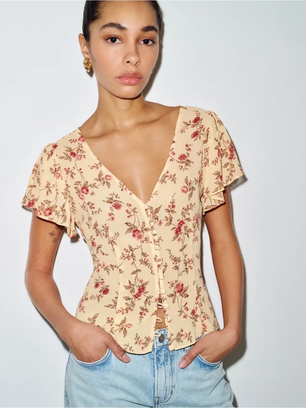 Reformation Cream Floral Button-Front Blouse with Pink Rose Print
